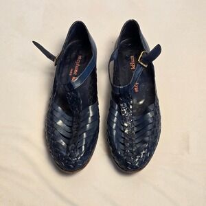 Stephane Kelian Paris Navy Blue Woven Leather T-Strap Flats Made in France 9